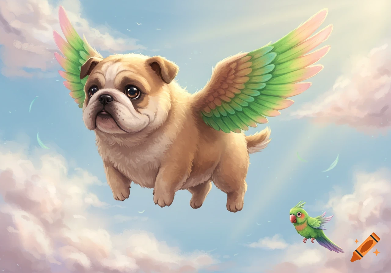 A cute, furry bulldog with large green and pink wings flies through a pastel sky with clouds, next to a small green parrot.