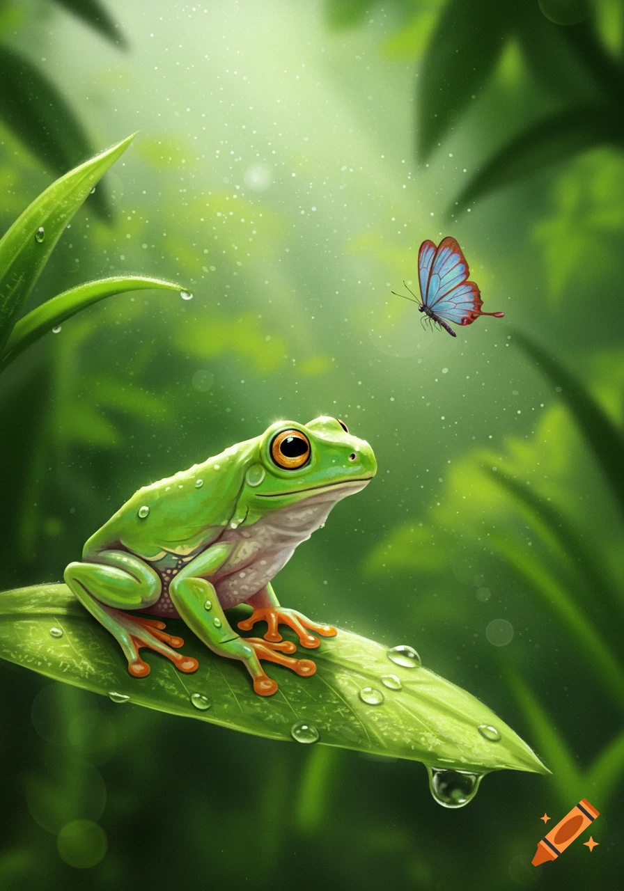 A vibrant green frog sits on a dew-covered leaf, looking up at a blue and red butterfly in a lush green jungle.
