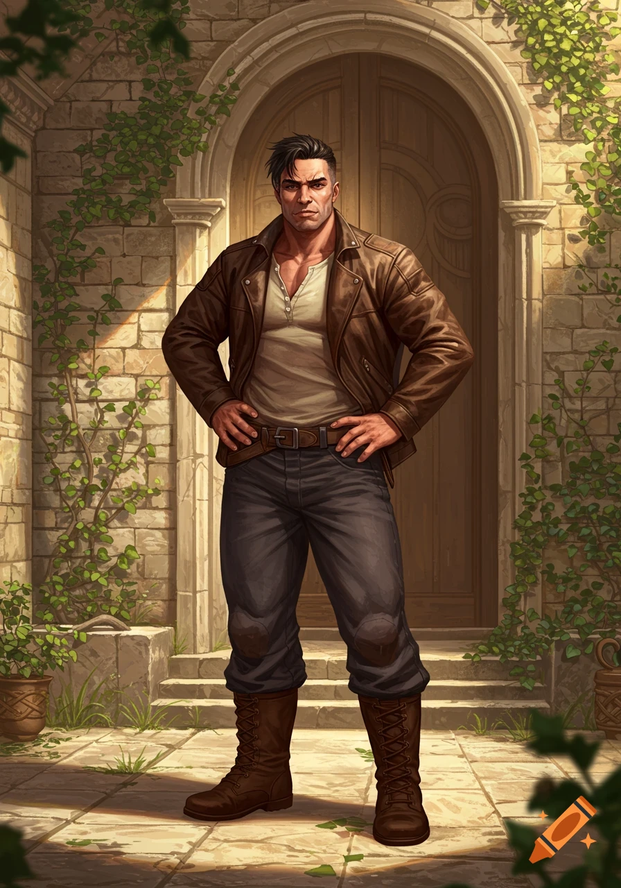 A muscular man in a brown leather jacket and dark pants stands with hands on hips in front of an ancient stone archway, in an illustration style.