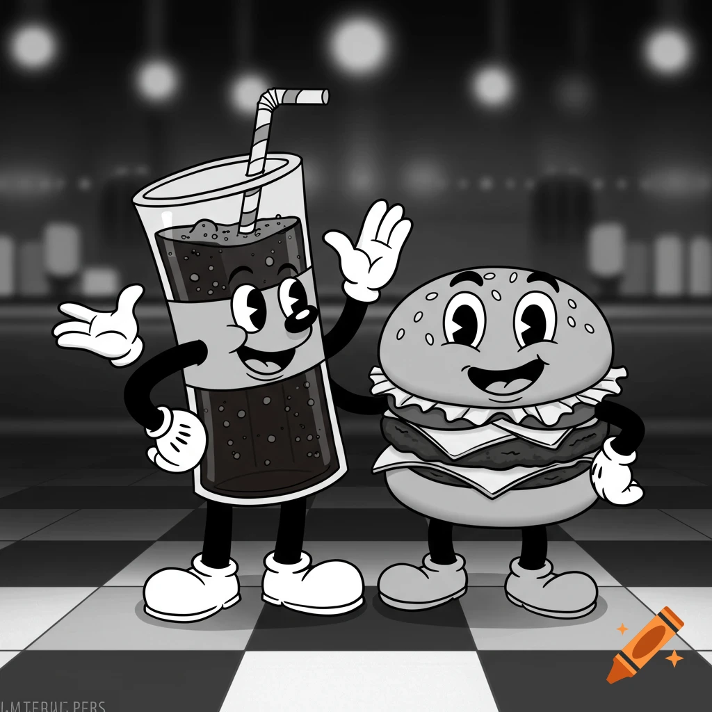 Black and white cartoon of a cheerful soda drink character and a happy burger character standing together.