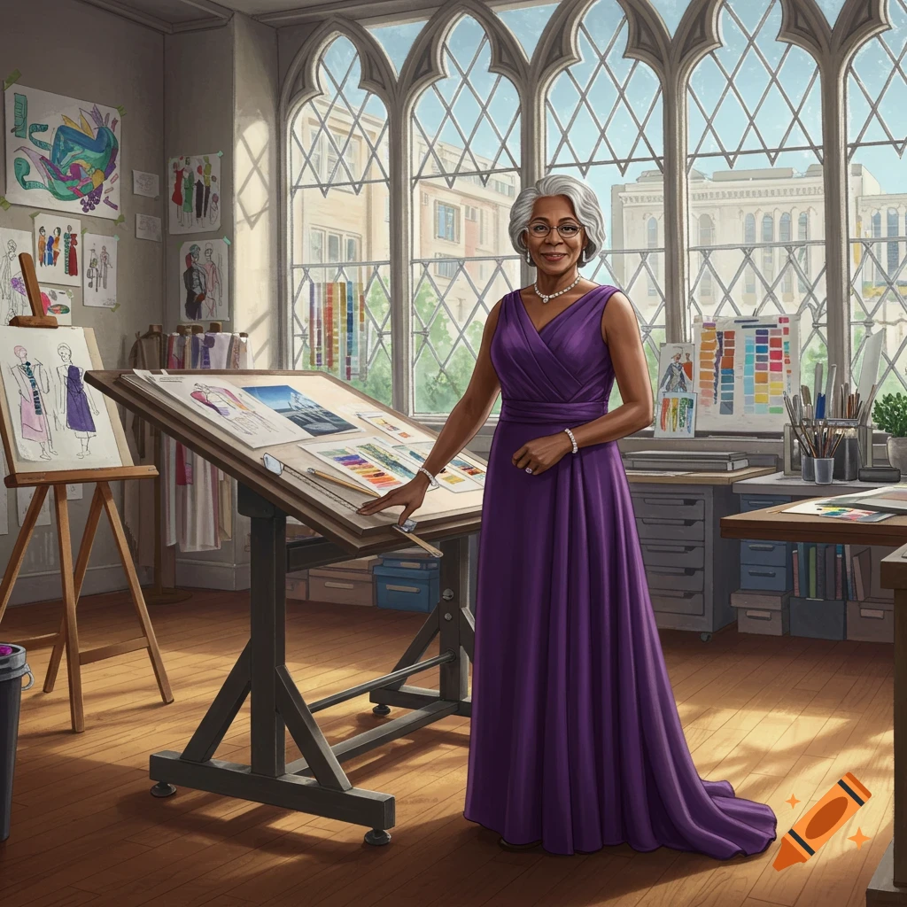 A smiling design teacher with grey hair and glasses stands by a drafting table in a bright art studio, wearing a long purple dress.