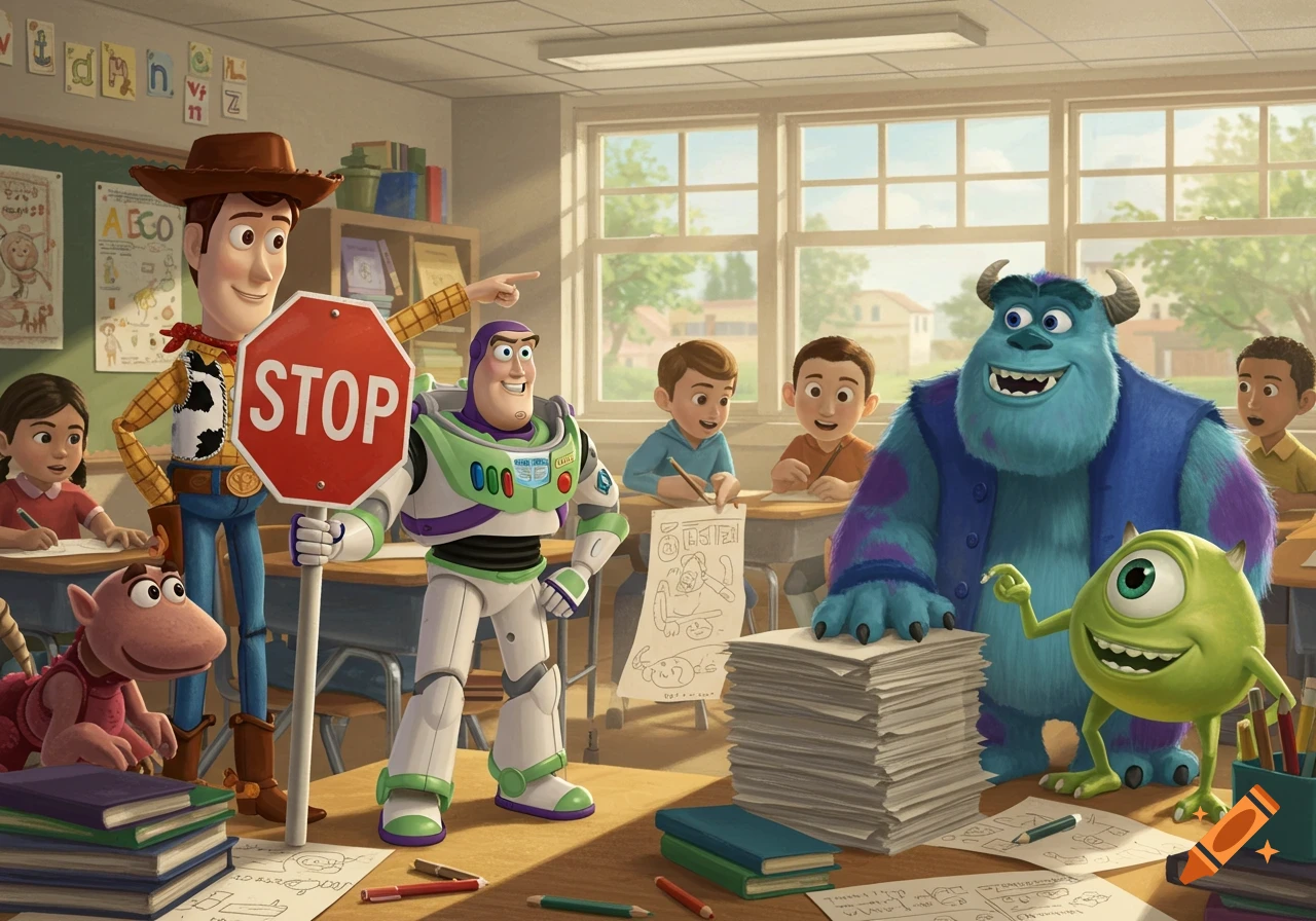 Woody and Buzz Lightyear hold a STOP sign in a vibrant classroom with Sully, Mike Wazowski, and children drawing at desks.