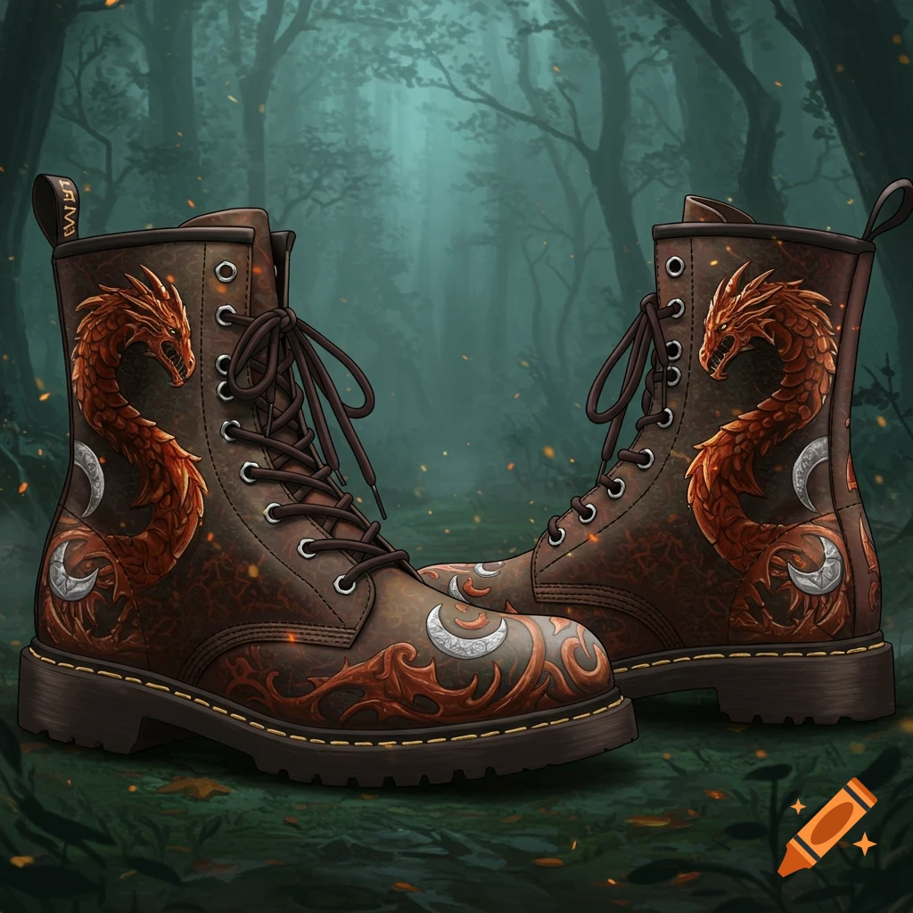 A pair of brown combat boots adorned with red dragon and silver crescent moon designs, set in a mystical, dark forest.