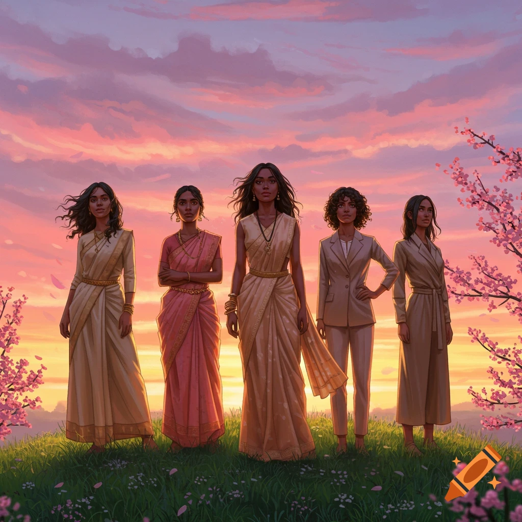 Five women, some in traditional Indian attire and others in business suits, stand on a grassy hill against a sunset sky.