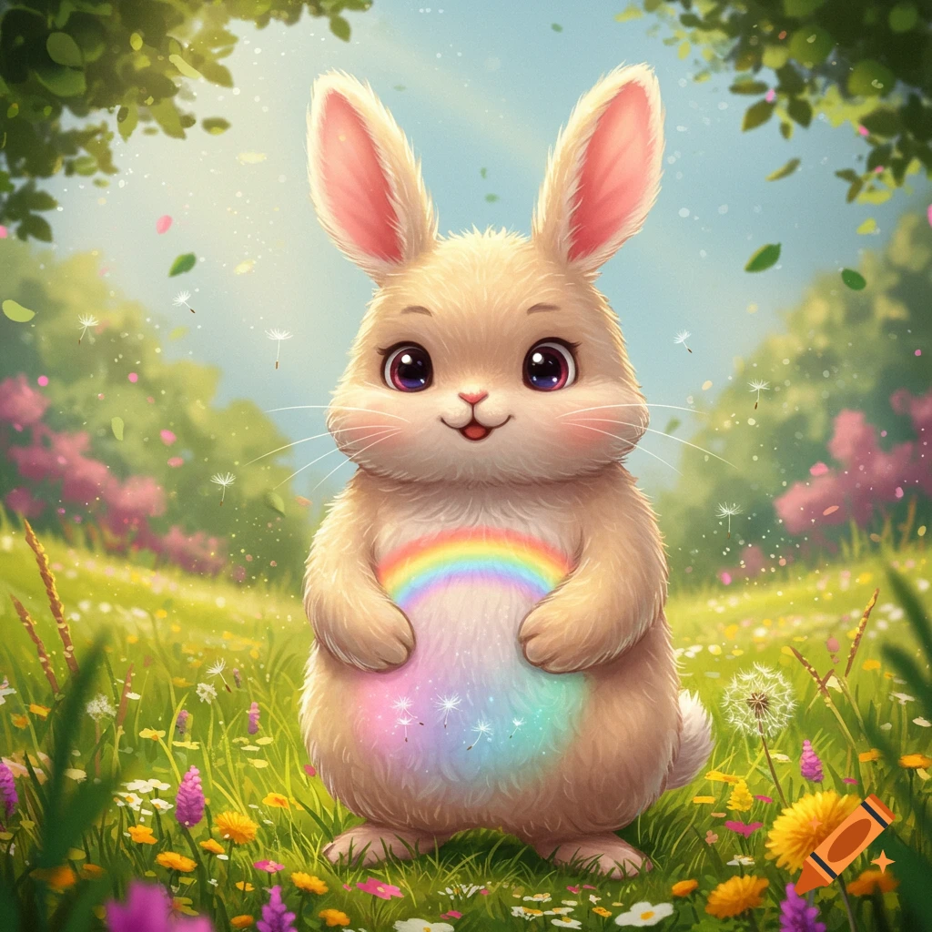 A cute fluffy bunny with a colorful rainbow on its belly stands in a vibrant green field filled with wildflowers.