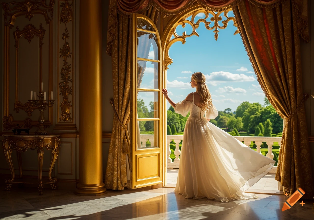 A beautiful princess in a flowing white gown stands at an open golden window in a grand castle, looking out at a lush green garden under a blue sky.