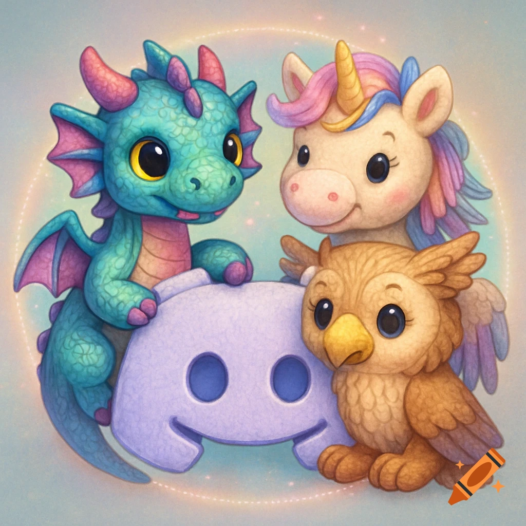 Cute plush dragon, unicorn, and owl resting on a purple Discord logo, in a digital art style.