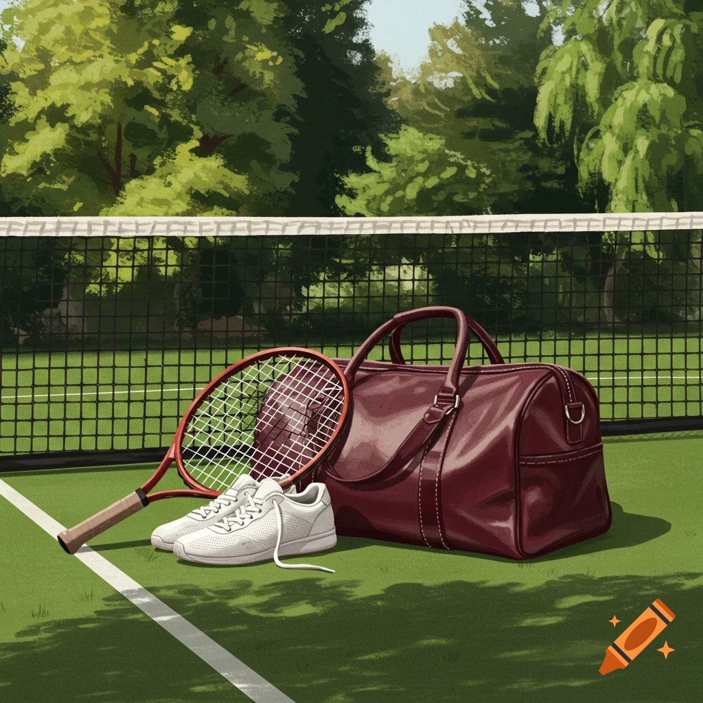 A tennis racket, white shoes, and a brown gym bag rest on a green tennis court with a net and trees in an illustrative style.