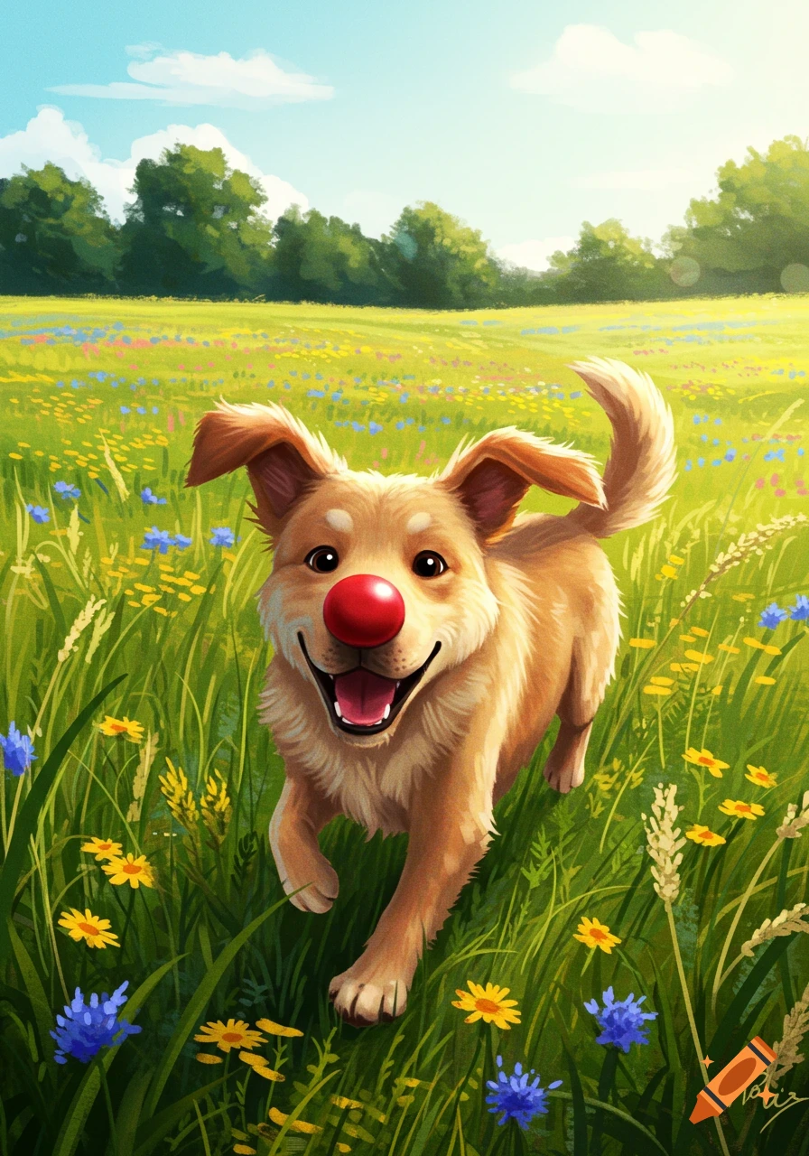 A happy, cartoon-style golden dog with a red nose joyfully bounds through a vibrant field of colorful wildflowers under a sunny sky.