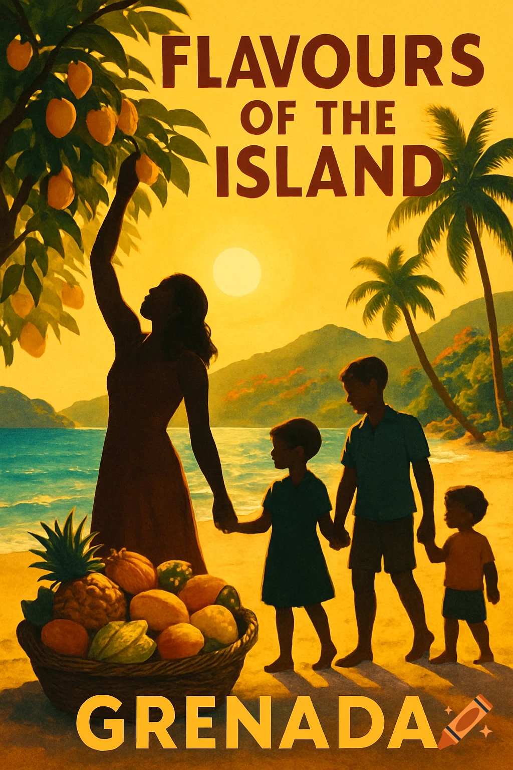 Vibrant tropical poster illustration of a silhouette family on a Grenada beach at sunset, with a fruit-picking mother and a fruit basket.