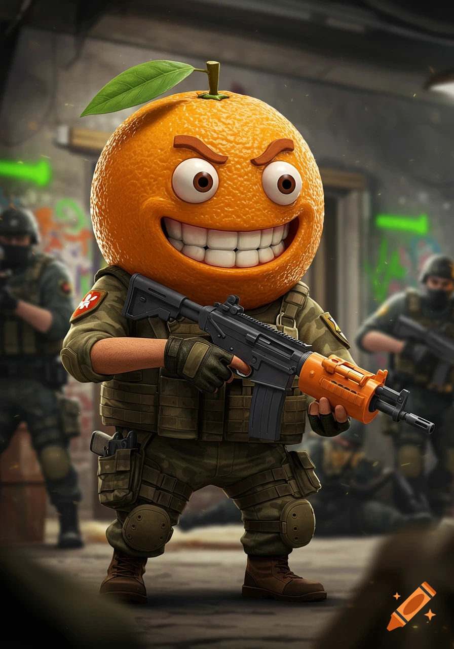 A 3D cartoon orange character in military gear, smiling widely and holding a rifle in a combat zone.