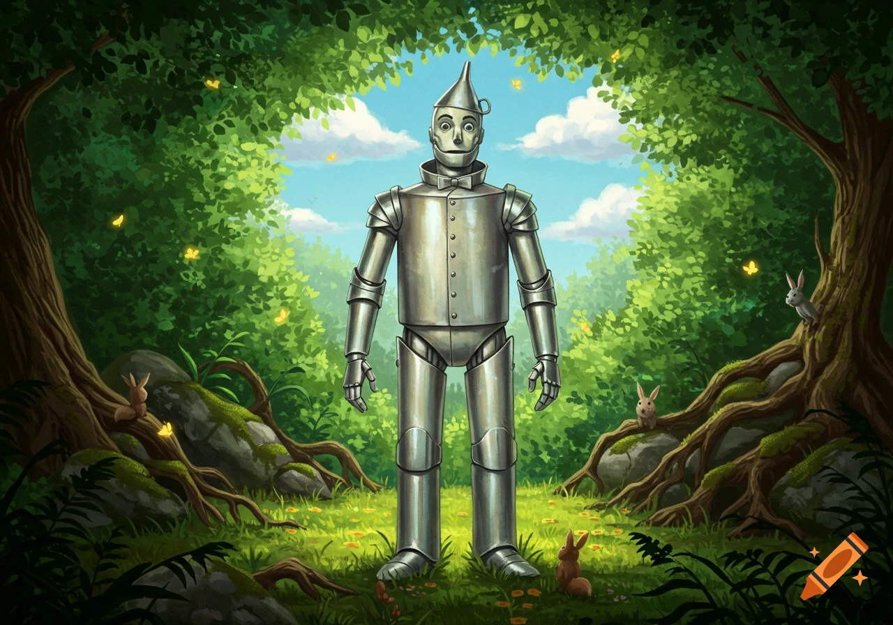 An illustration of the Tin Man standing in a vibrant green forest with trees, rocks, yellow butterflies, and small rabbits.
