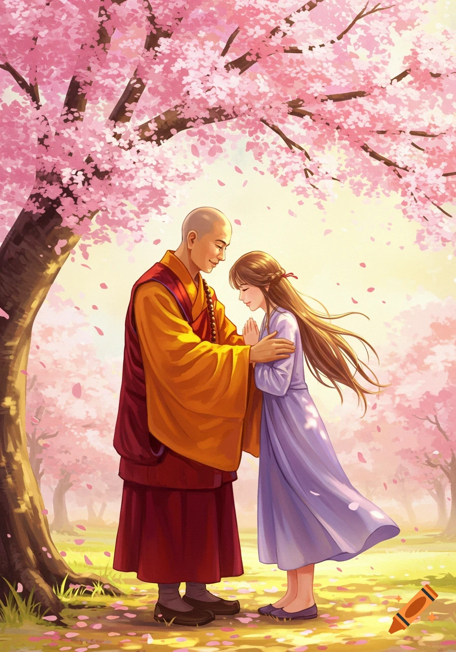 Illustrated anime-style scene of a Buddhist monk gently touching the shoulder of a young lady under a pink cherry blossom tree.