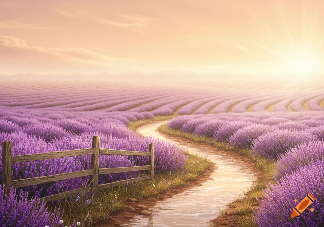 A winding dirt path through vibrant purple lavender fields under a warm sunset sky with a rustic wooden fence.