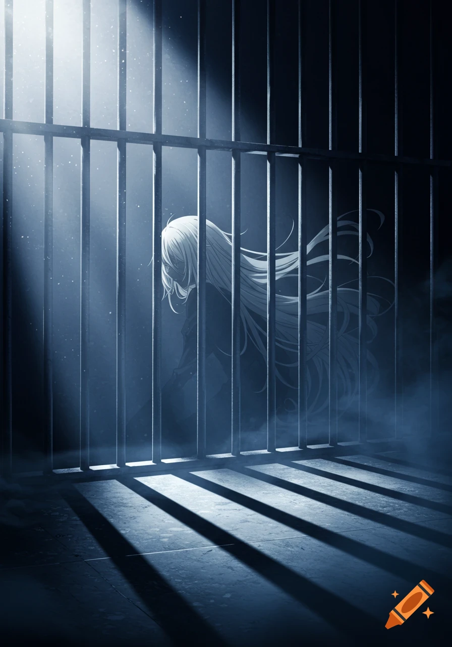 Anime illustration of a long-haired figure standing behind prison bars in a dark, misty cell with light streaming from above.