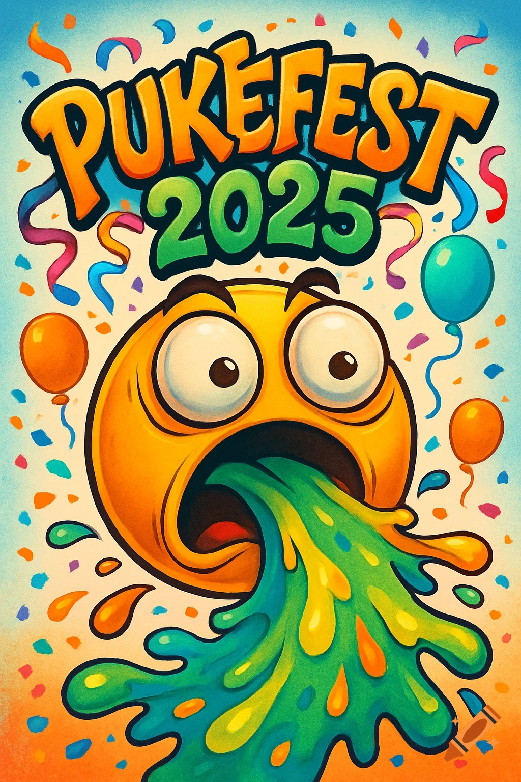 A colorful cartoon poster for Pukefest 2025 showing a puking yellow emoji surrounded by confetti and balloons.