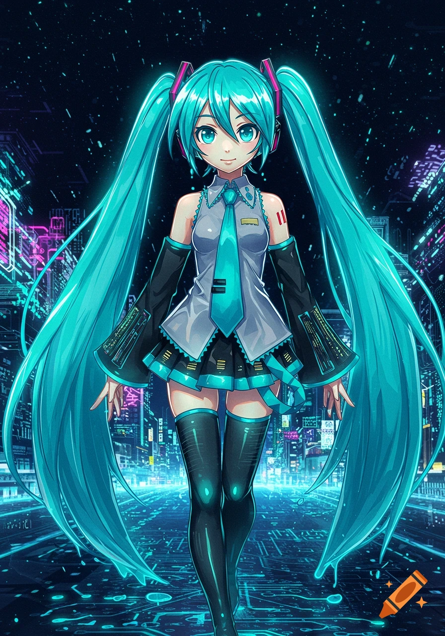 Hatsune Miku in a digital cityscape, her long turquoise pigtails flowing and glowing, wearing her signature outfit.
