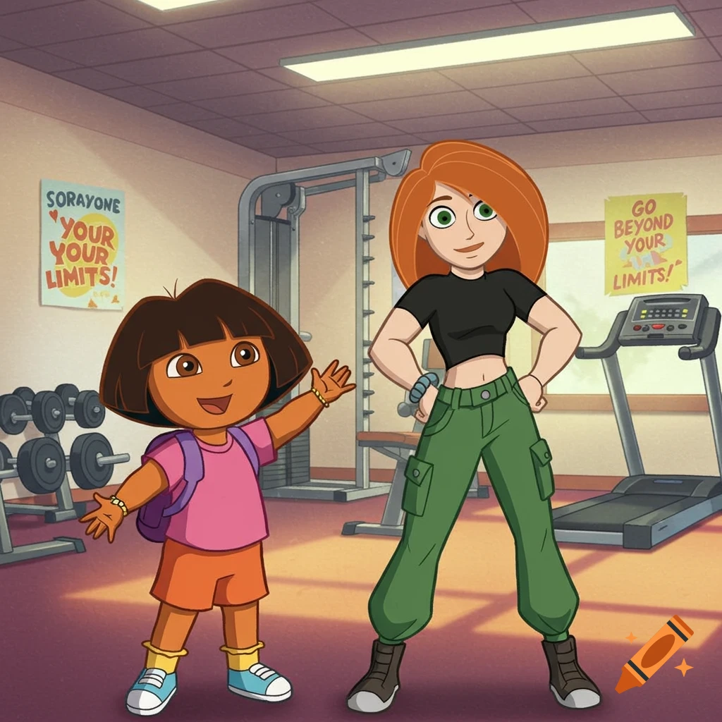 Cartoon of Dora the Explorer and Kim Possible posing in a gym.