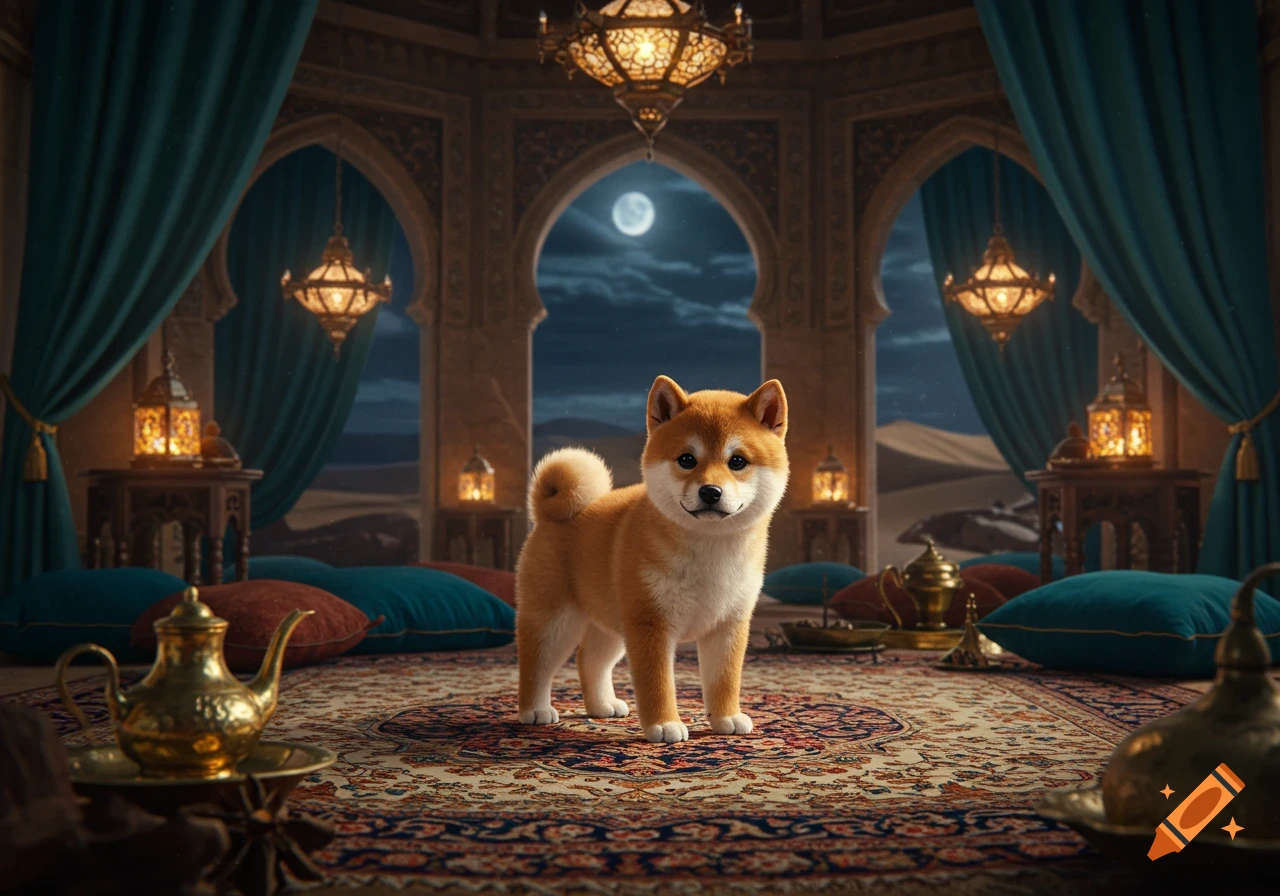 A photorealistic Shiba Inu dog stands on an ornate rug in an Arabian tent at night, with a desert landscape and full moon visible through arches.