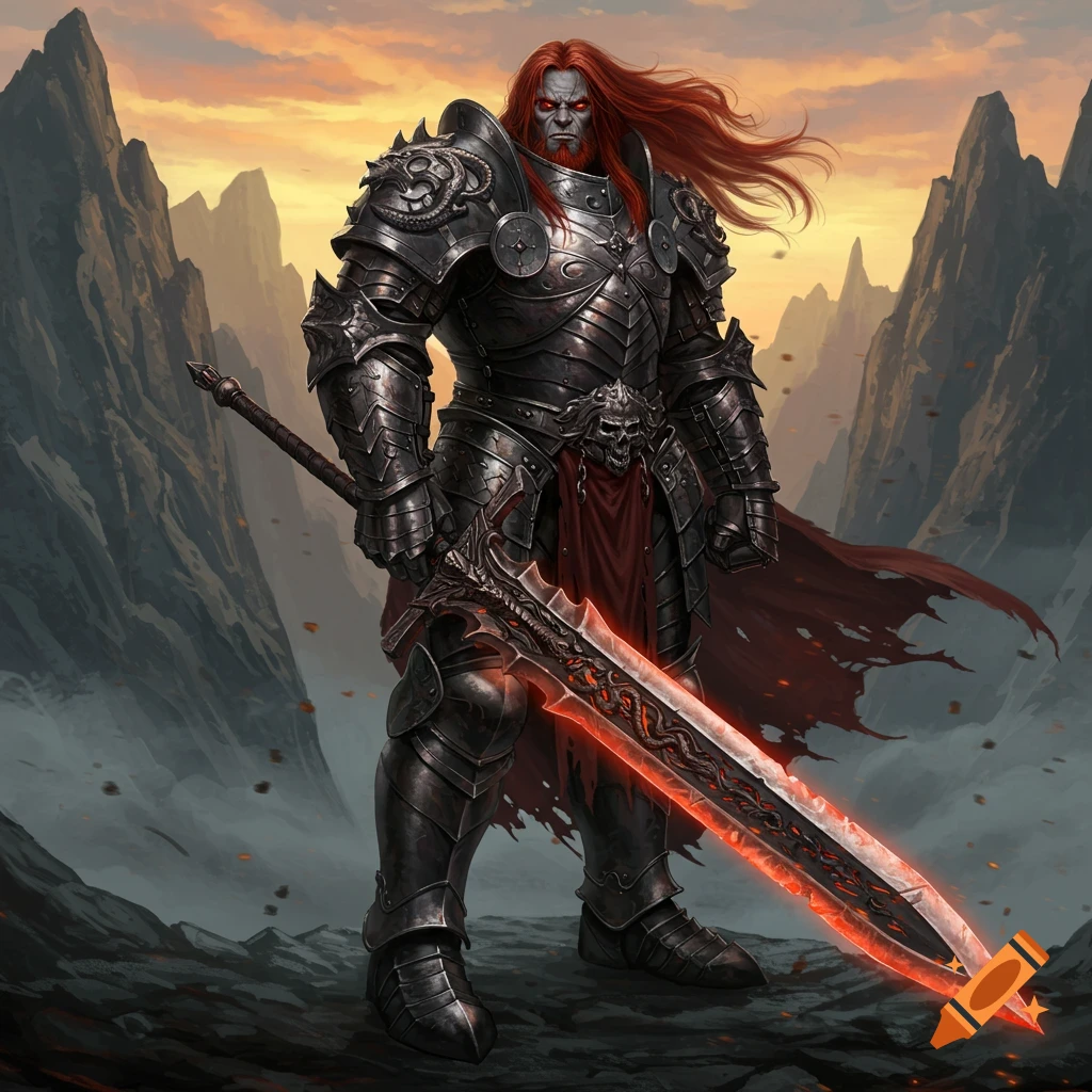 A powerful, red-haired Goliath warrior in dark adamantine armor stands with a glowing greatsword in a desolate mountain landscape under an orange sky.