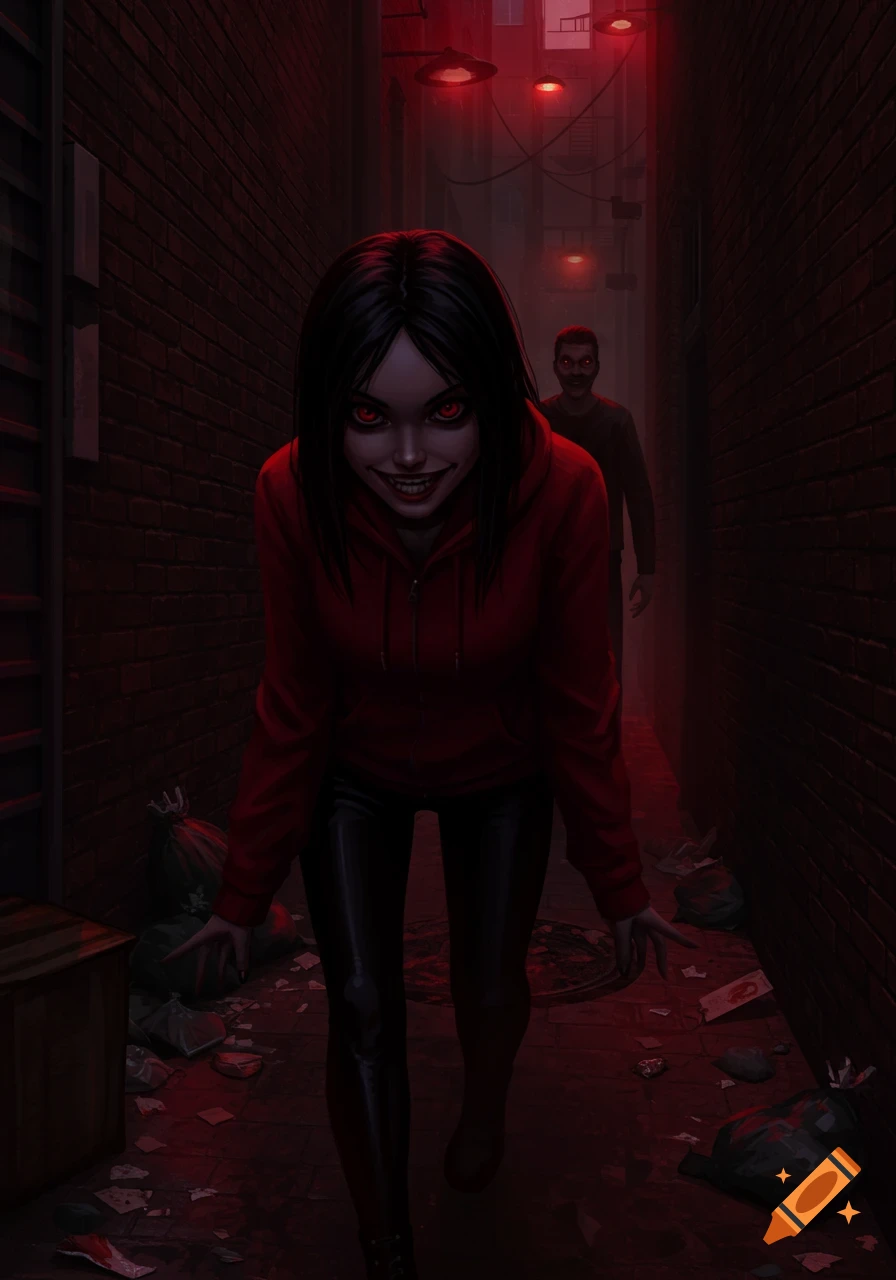 A goth girl with red eyes and an evil grin in a red hoodie stands in a dark alley with a man behind her. Horror illustration.