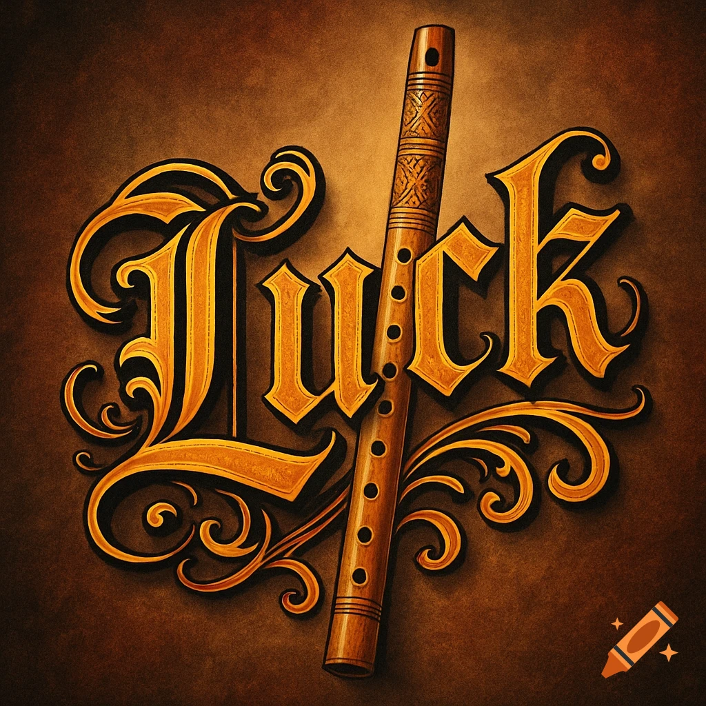 Ornate golden lettering spells 'Luck' with a carved wooden sopilka flute forming the letter K, on a textured brown background.