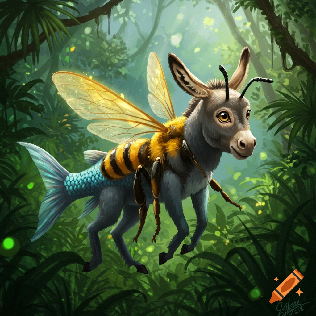 A fantastical creature with a donkey head, a bee's striped body and wings, and a fish tail, in a lush green jungle.