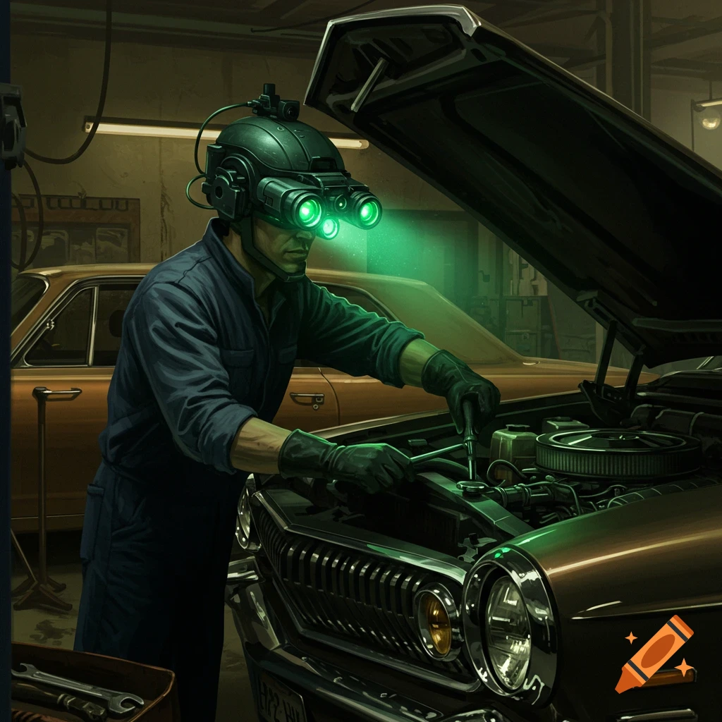 A man wearing glowing green night vision goggles works on a car engine in a dimly lit garage, digital art.