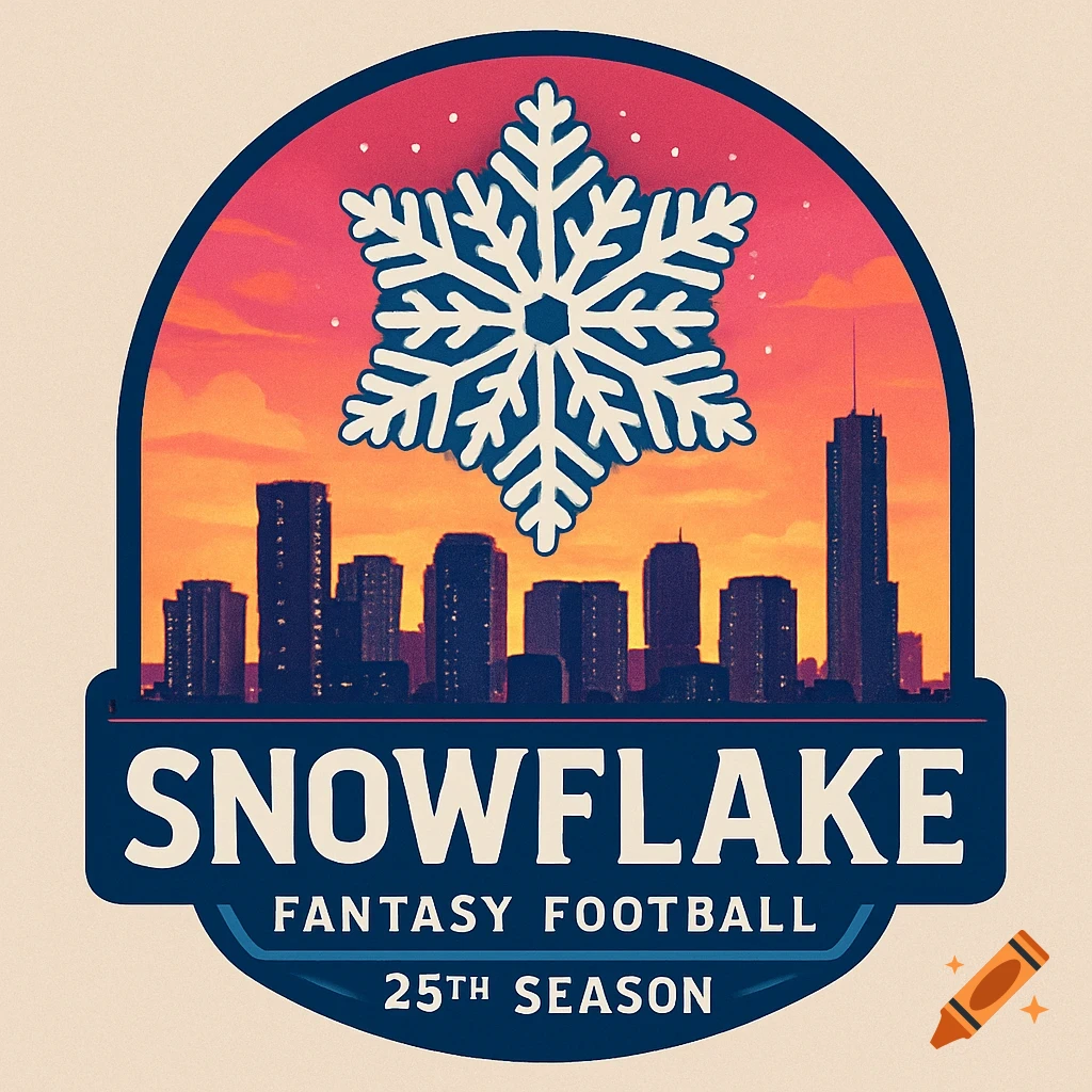 A stylized logo with a white snowflake above a dark city skyline silhouette against a red and orange sunset. White text reads "SNOWFLAKE FANTASY FOOTBALL 25TH SEASON".