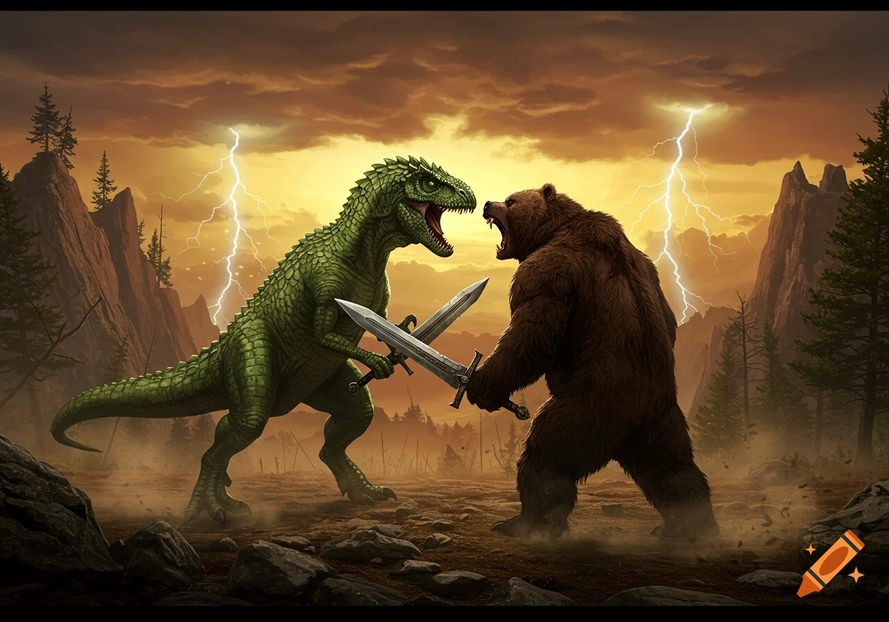 A green T-Rex and a brown bear engage in an epic sword fight under a stormy sky with lightning, set against a dramatic, mountainous landscape.
