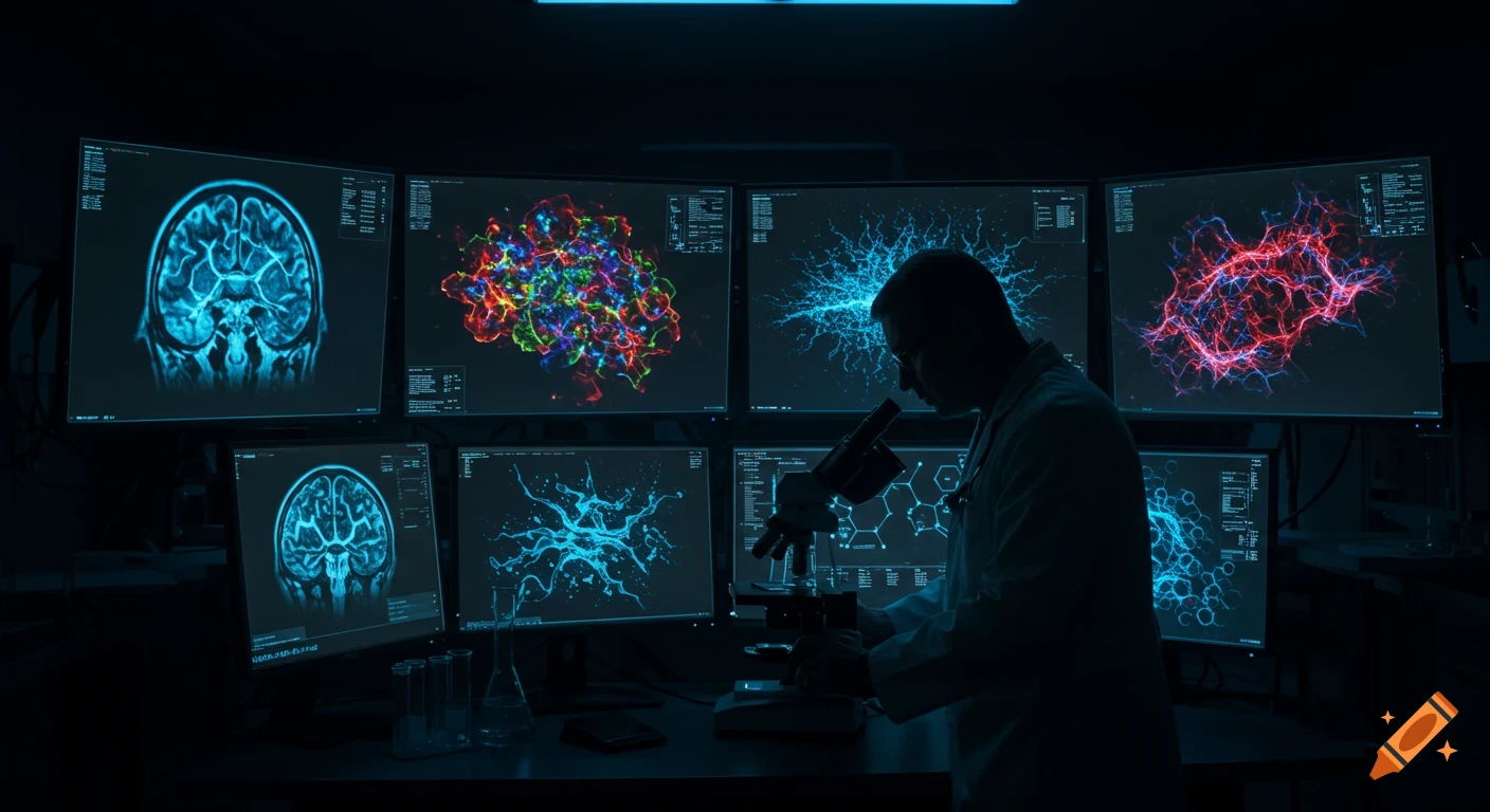 A silhouette of a scientist in a dark lab looking into a microscope, surrounded by multiple screens displaying brain scans and complex scientific data.