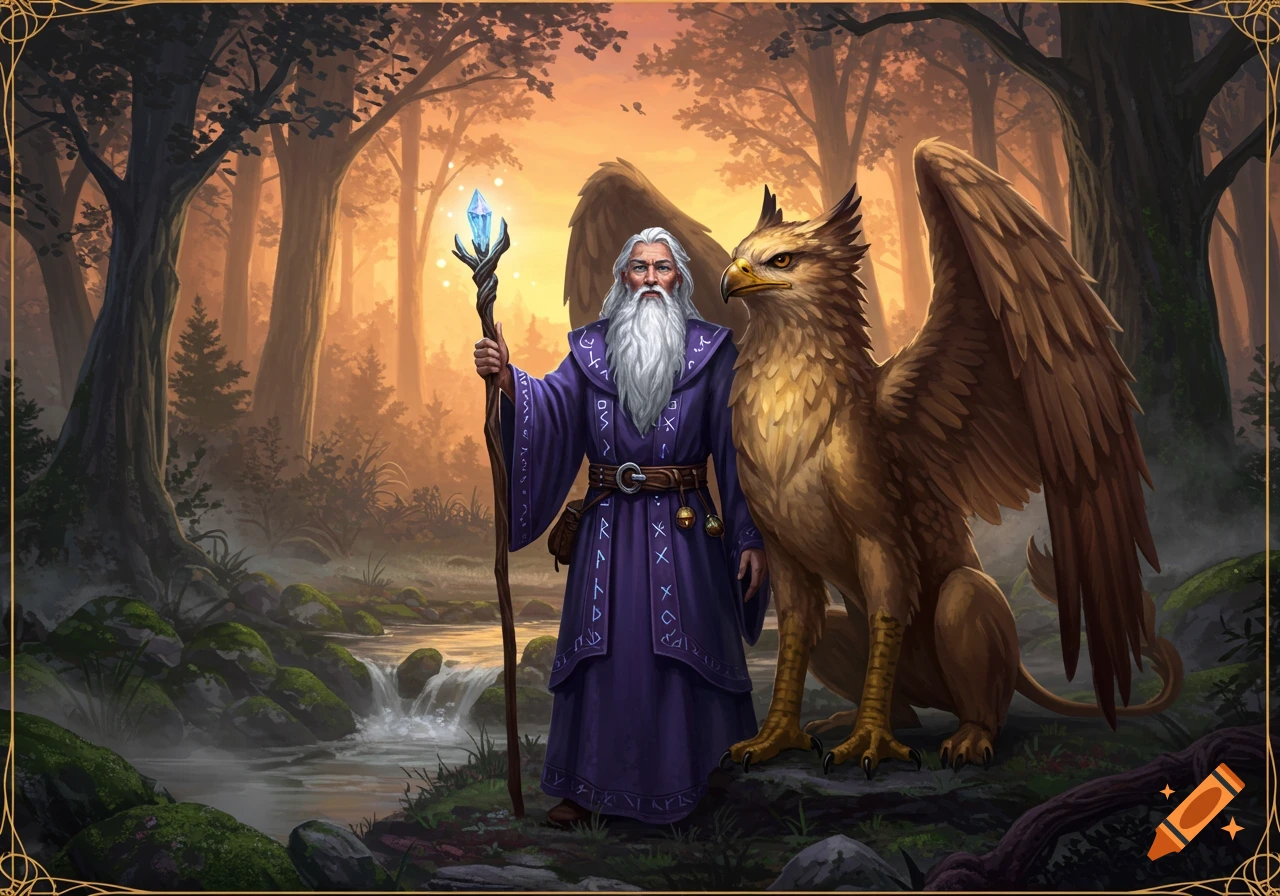 A wizard with a long white beard and purple robes holds a glowing staff next to a brown griffin in a magical forest.