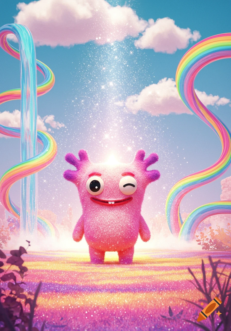 A whimsical, vibrant image of a pink, fluffy monster winking in a sparkly field under a sky with rainbows and clouds.
