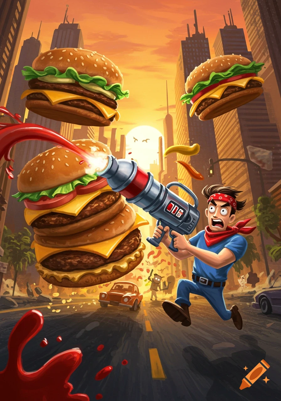 A cartoon man in a red bandana uses a large condiment gun to spray ketchup at giant, floating hamburgers in a city at sunset.