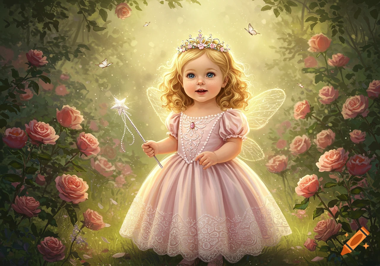 A smiling blonde child dressed as a fairy princess with a crown and wings, holding a magic wand, standing in a sunny rose garden.