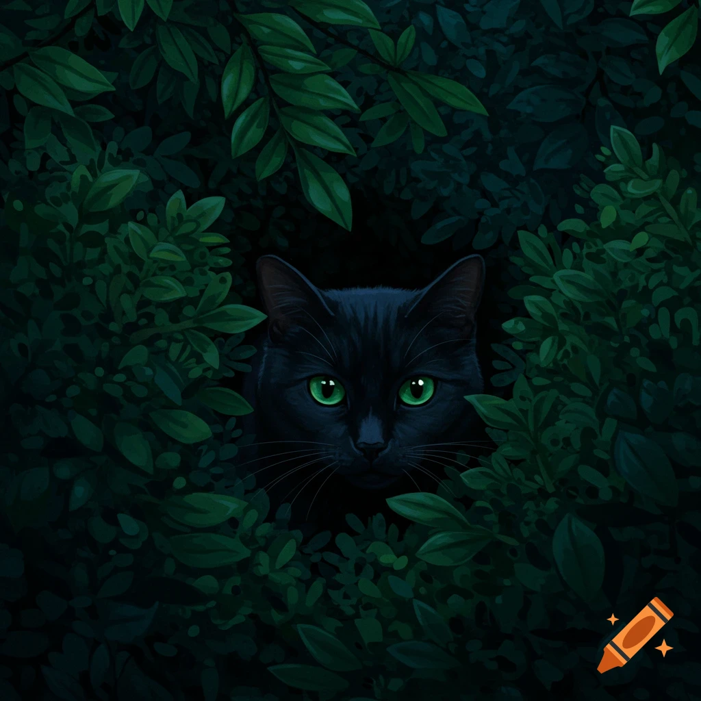 A black cat with luminous green eyes peers out from dense, dark green foliage.
