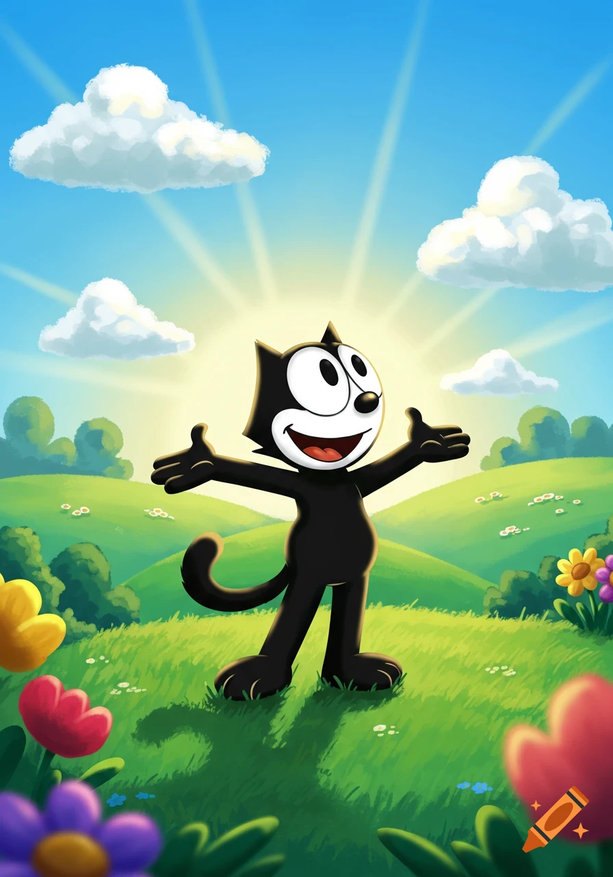 Felix the Cat stands in a vibrant green field with arms wide open under a bright sun and blue sky.