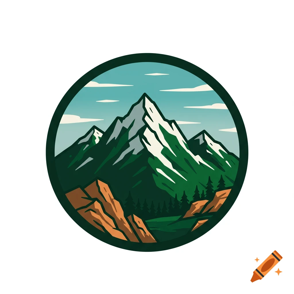 Stylized illustration of green mountains with snow-capped peaks, pine trees, and brown rocks, in a circular frame.
