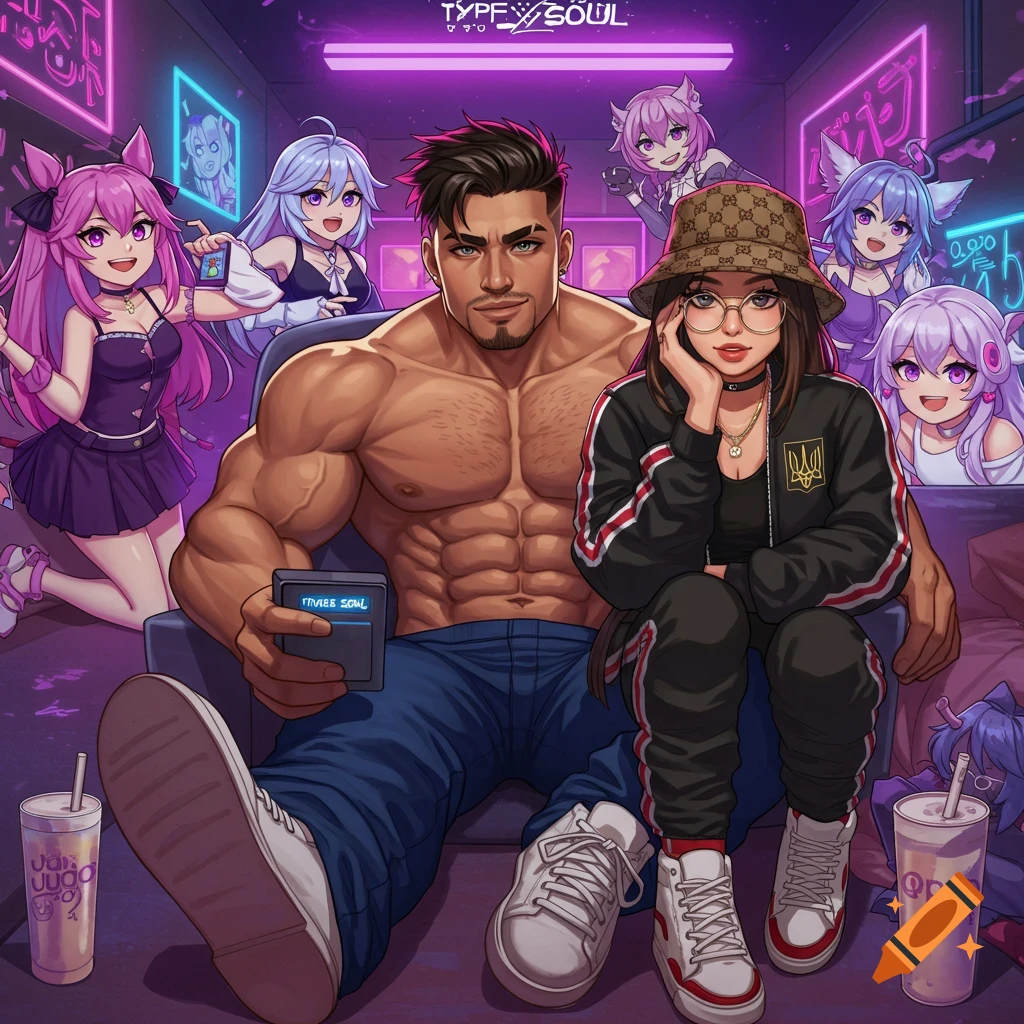 A muscular man sits on a couch, holding a game device that says "TYPE SOUL". Beside him, a woman in a tracksuit with a Ukrainian trident patch and a Gucci bucket hat sits. Several anime girls with animal ears are around them in a room with neon signs.