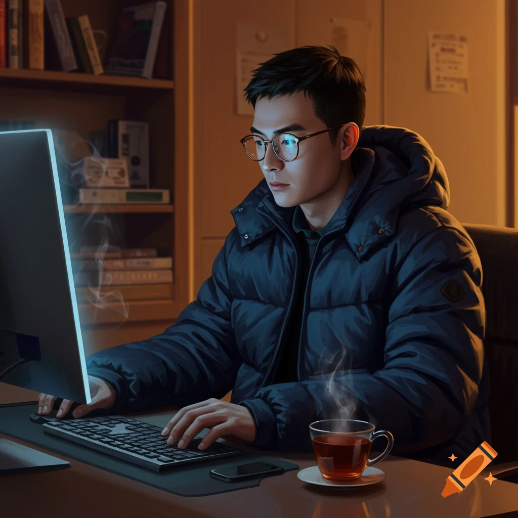A man in a puffer jacket and glasses uses a computer at a desk with a steaming cup of tea.