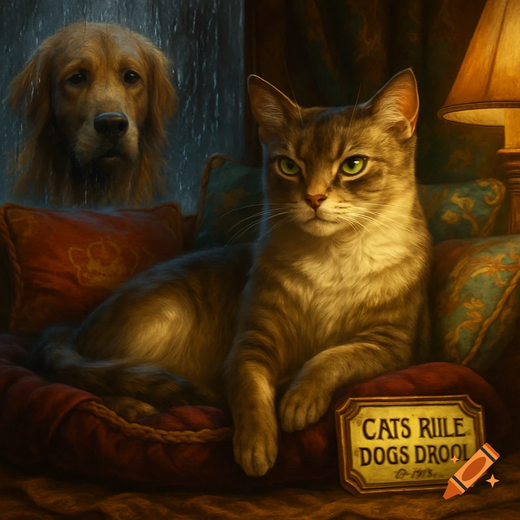 A photorealistic cat lounges on a luxurious bed, while a wet dog looks in from outside a rainy window. A sign in the foreground reads 'CATS RIILE DOGS DROOL'.
