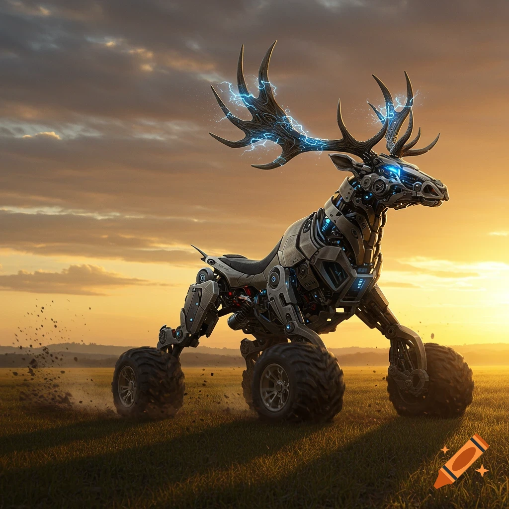 A biomechanical elk-like ATV with glowing blue antlers and large tires churning dirt, moving across a grassy field at sunset.