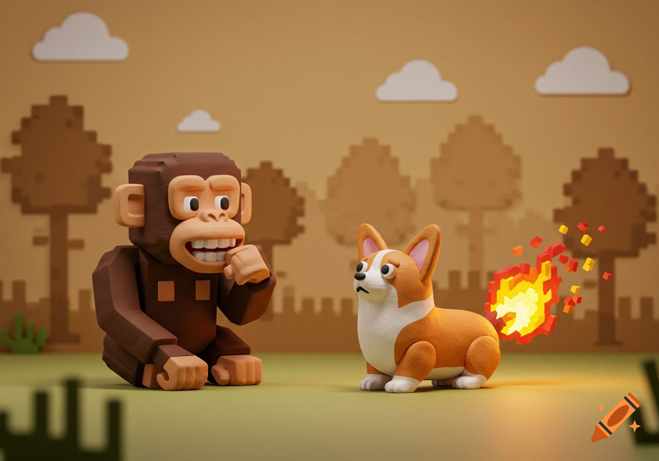 A pixelated monkey watches a clay corgi farting pixelated fire in a stylized outdoor scene.