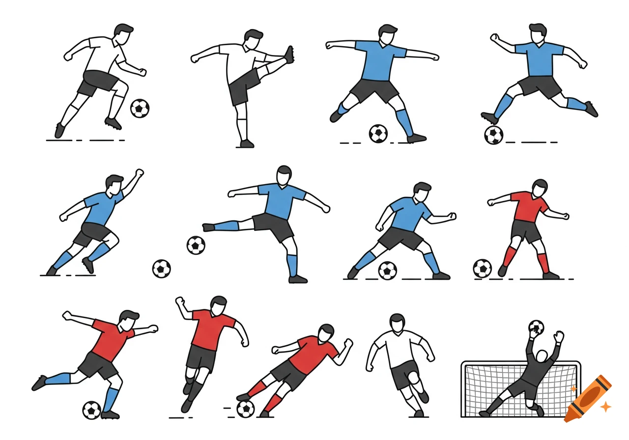 Vector illustrations of minimalist soccer players in various action poses, including dribbling, kicking, passing, and a goalie save at a goal.