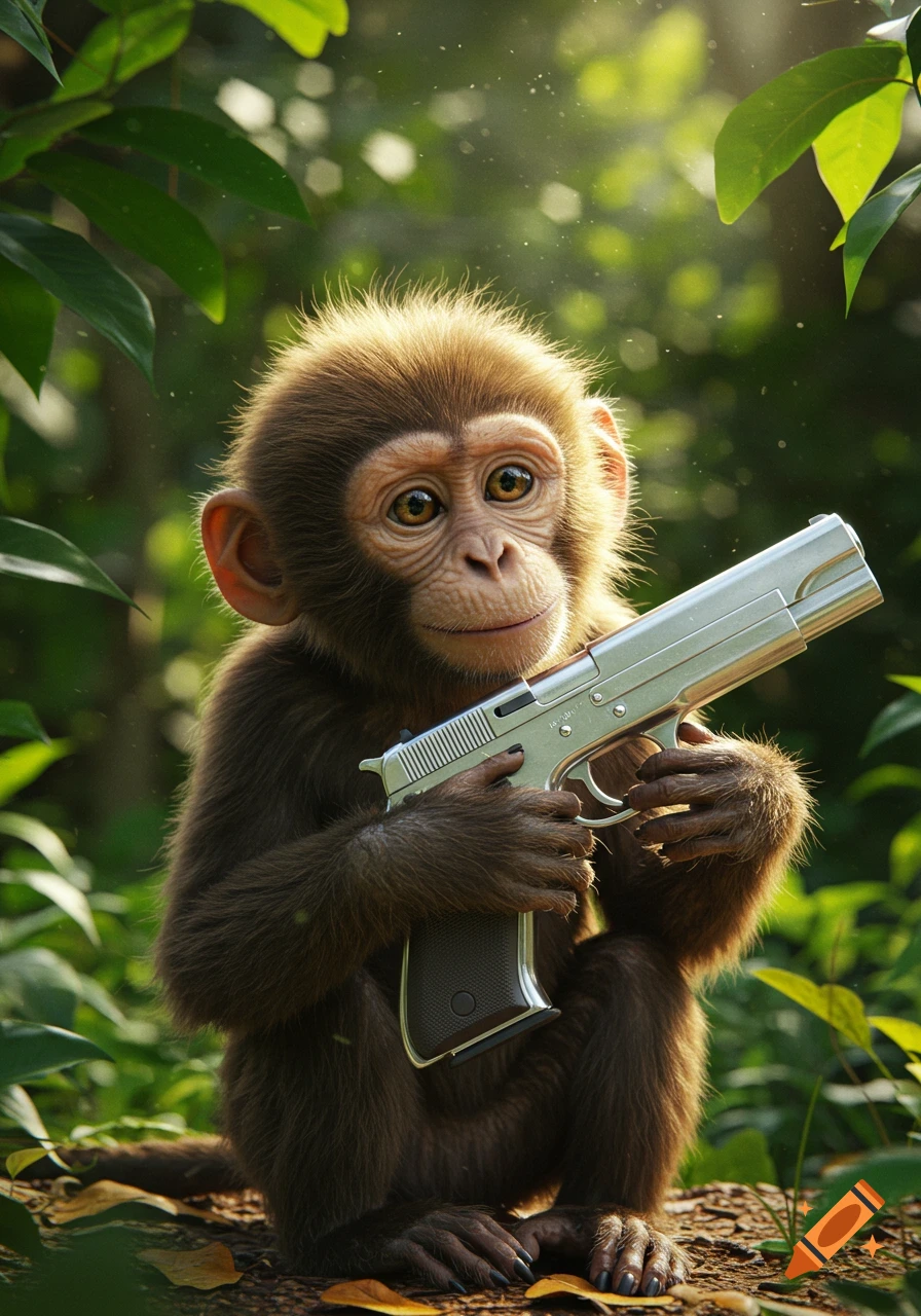 A photorealistic baby monkey with large eyes holds a silver pistol in a lush green jungle setting.