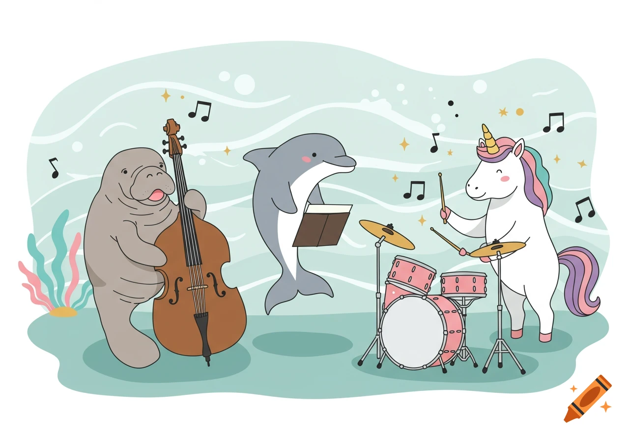 A cartoon manatee plays a double bass, a dolphin holds a book, and a unicorn plays drums in a band.