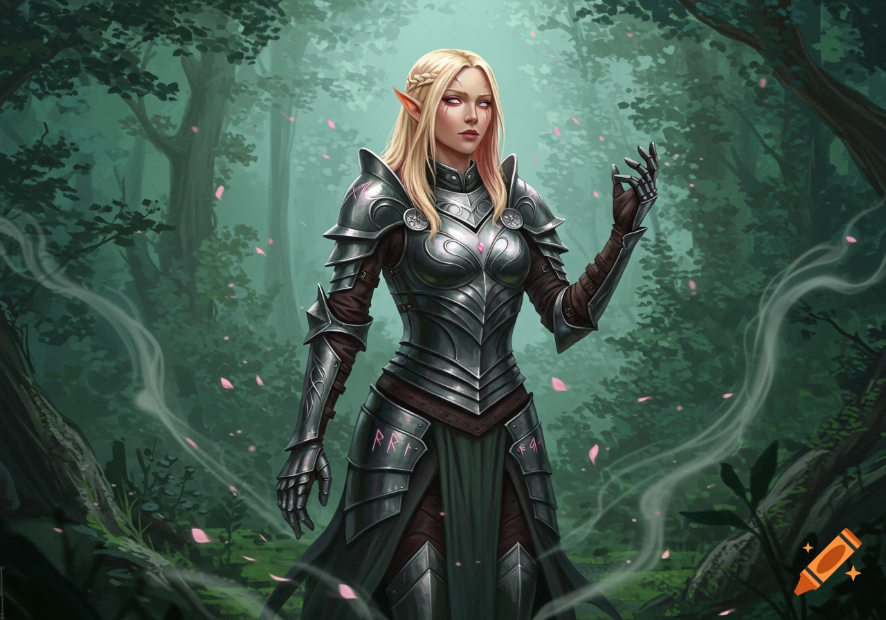 A blonde elven woman with pale skin and glowing red eyes stands in a forest, wearing intricate silver and black heavy armor, reaching out with one hand.