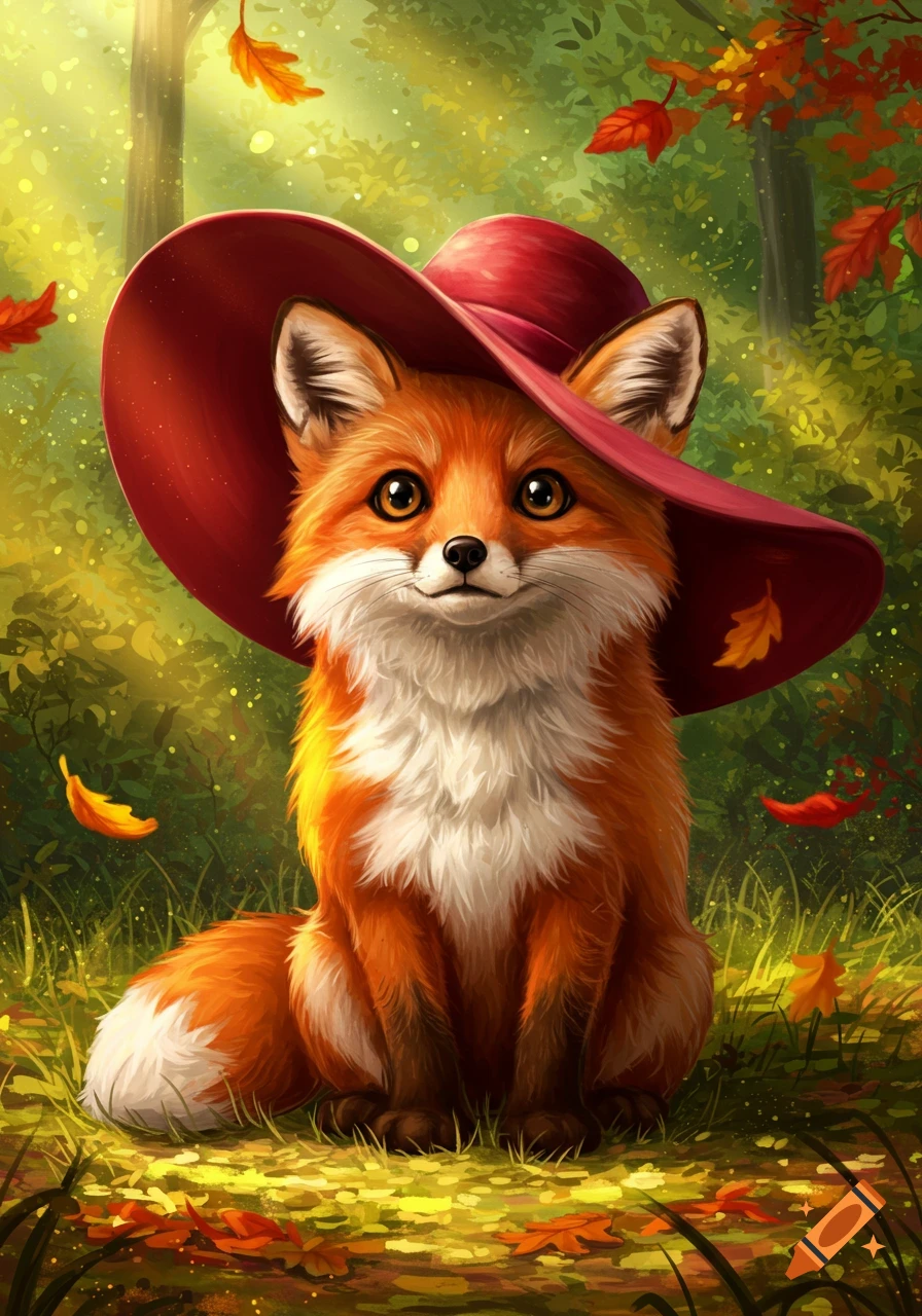 A cute orange fox wearing a red hat sits in a forest with autumn leaves.