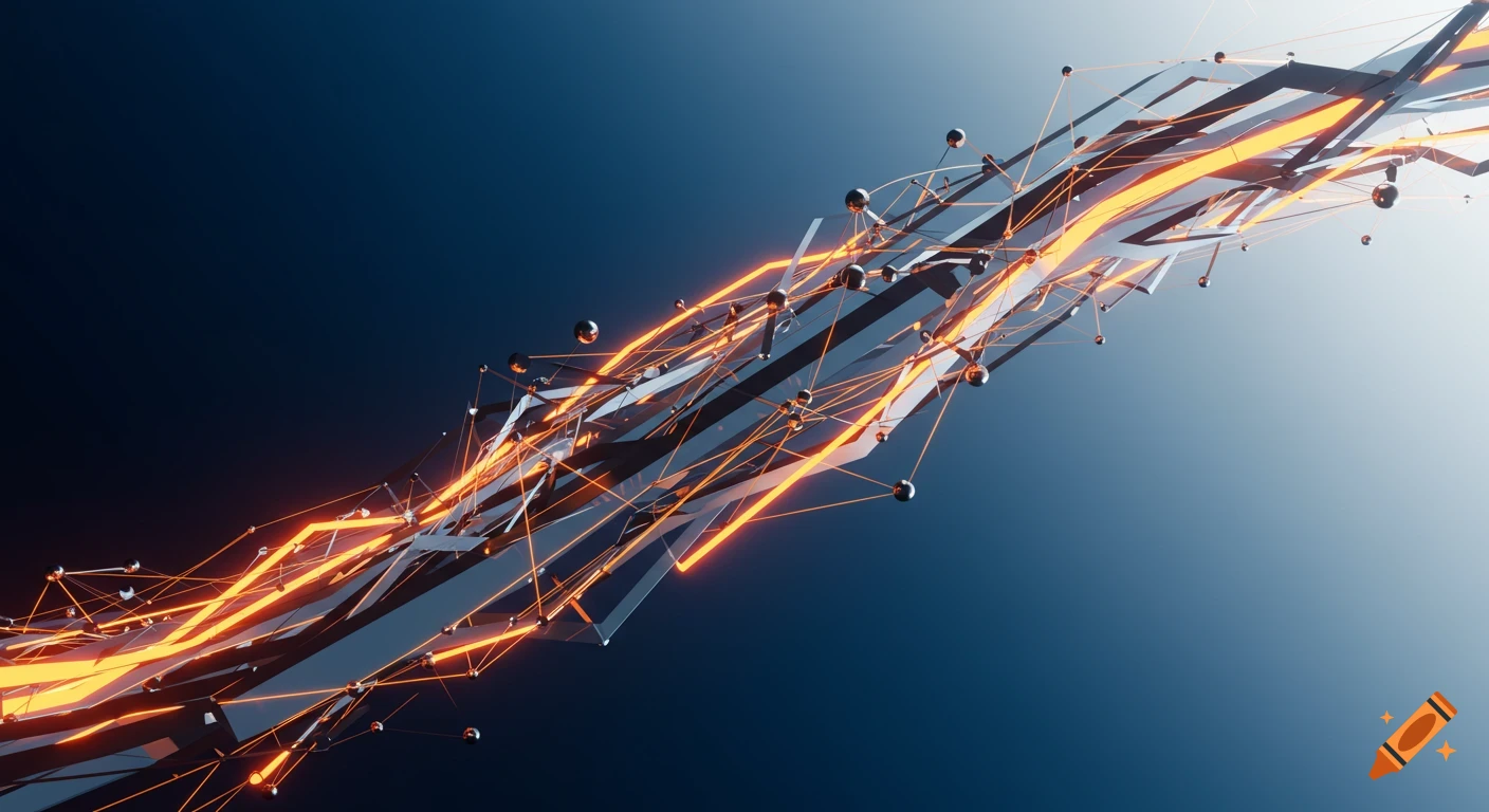 Abstract digital art with bright orange glowing lines and dark geometric shapes against a blue-black gradient background.