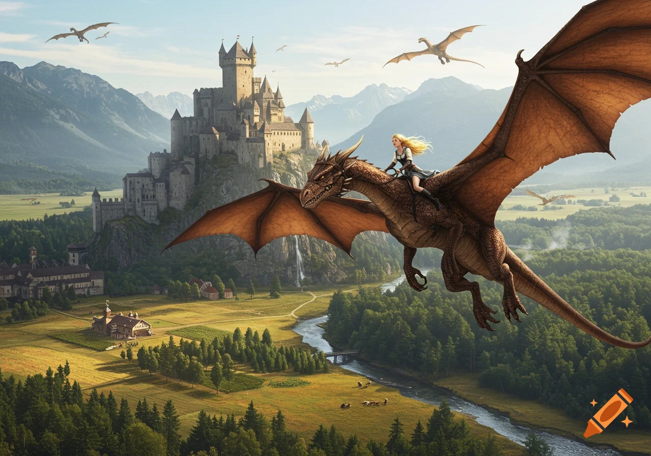 Young blonde woman on a brown dragon flying over a medieval castle, forests, and fields with mountains in the background, photorealistic style.